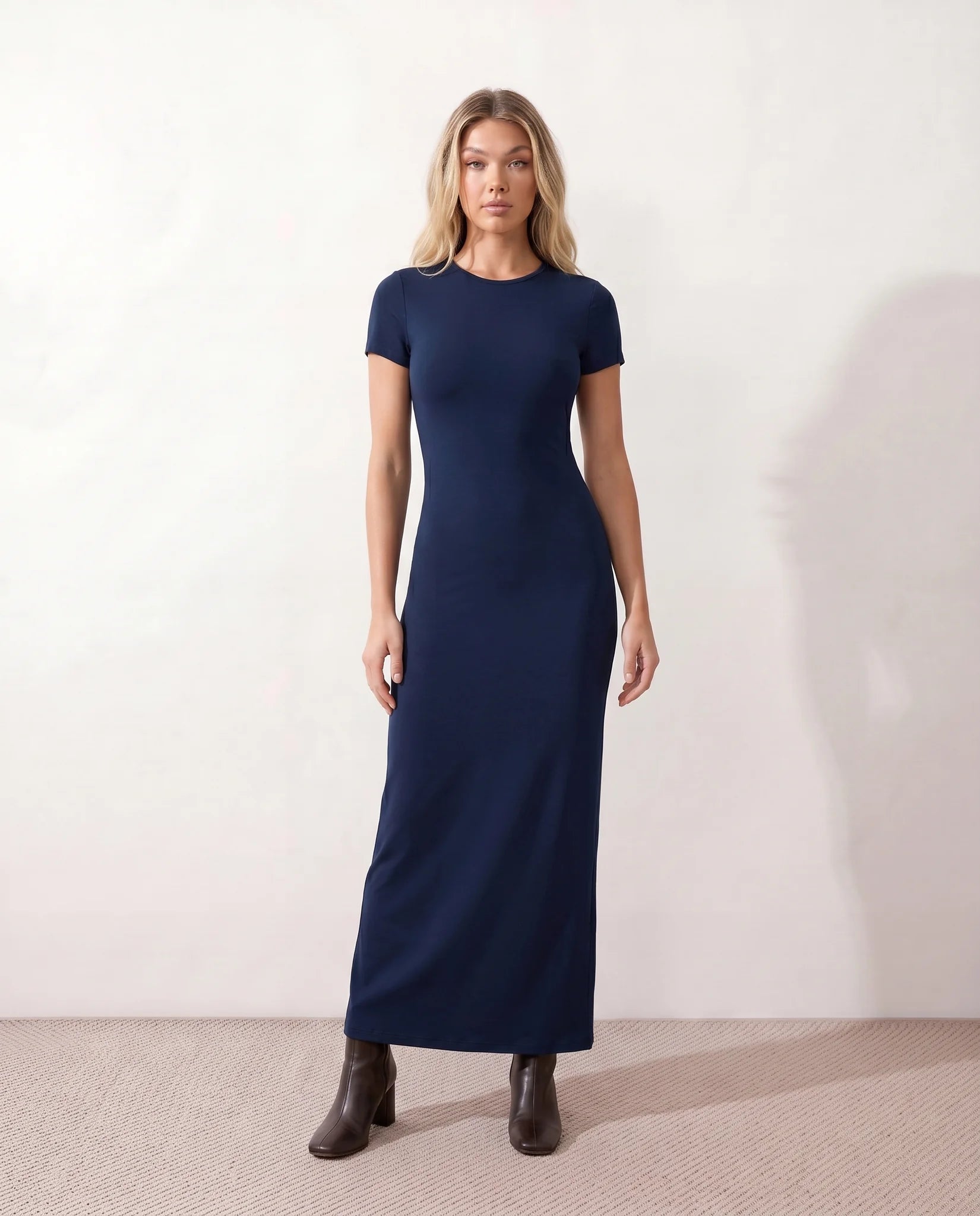 Nora Fitted Maxi Dress in Navy — front view