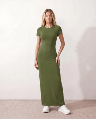 Nora Fitted Maxi Dress in Olive — front view