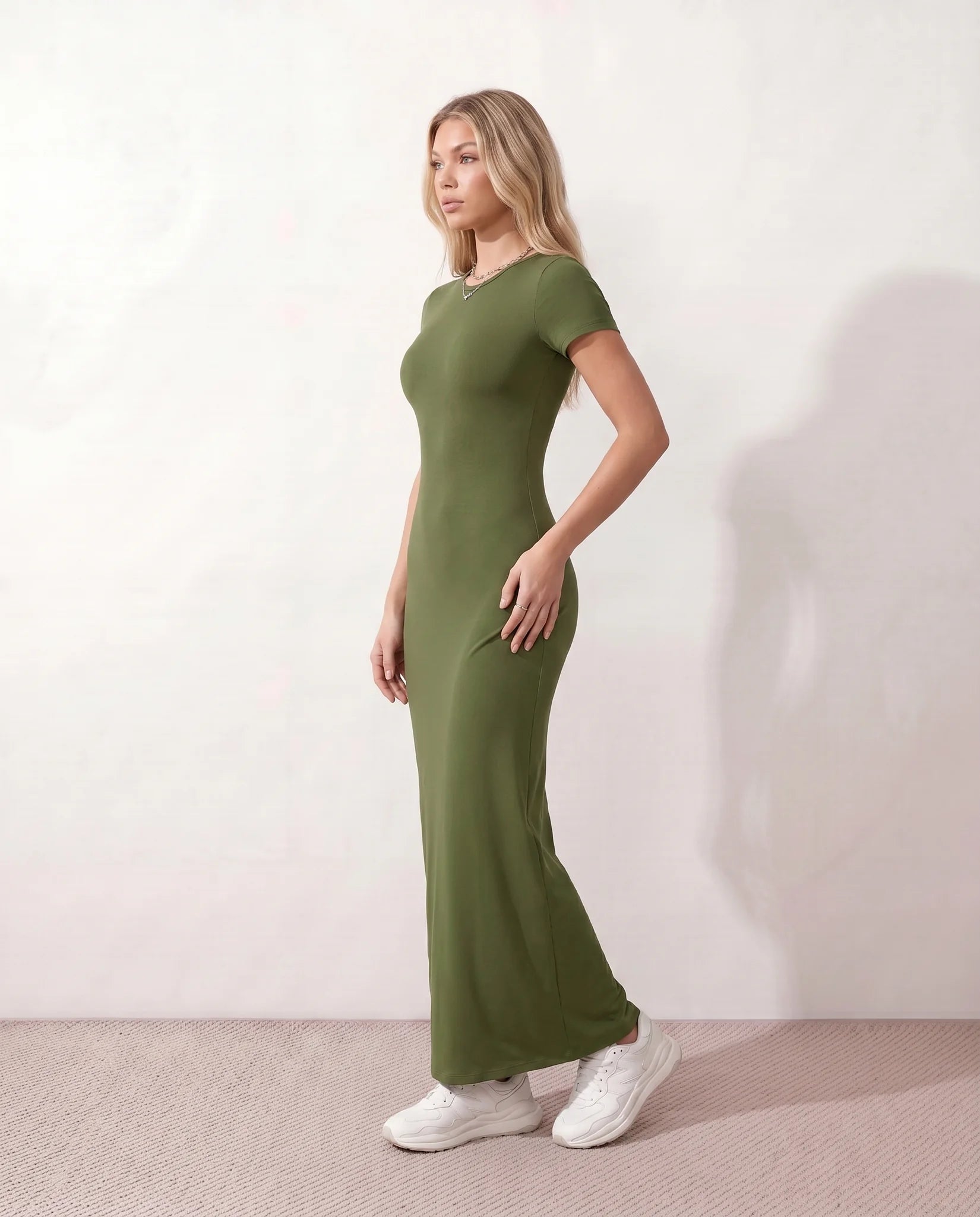 Nora Fitted Maxi Dress in Olive — side view