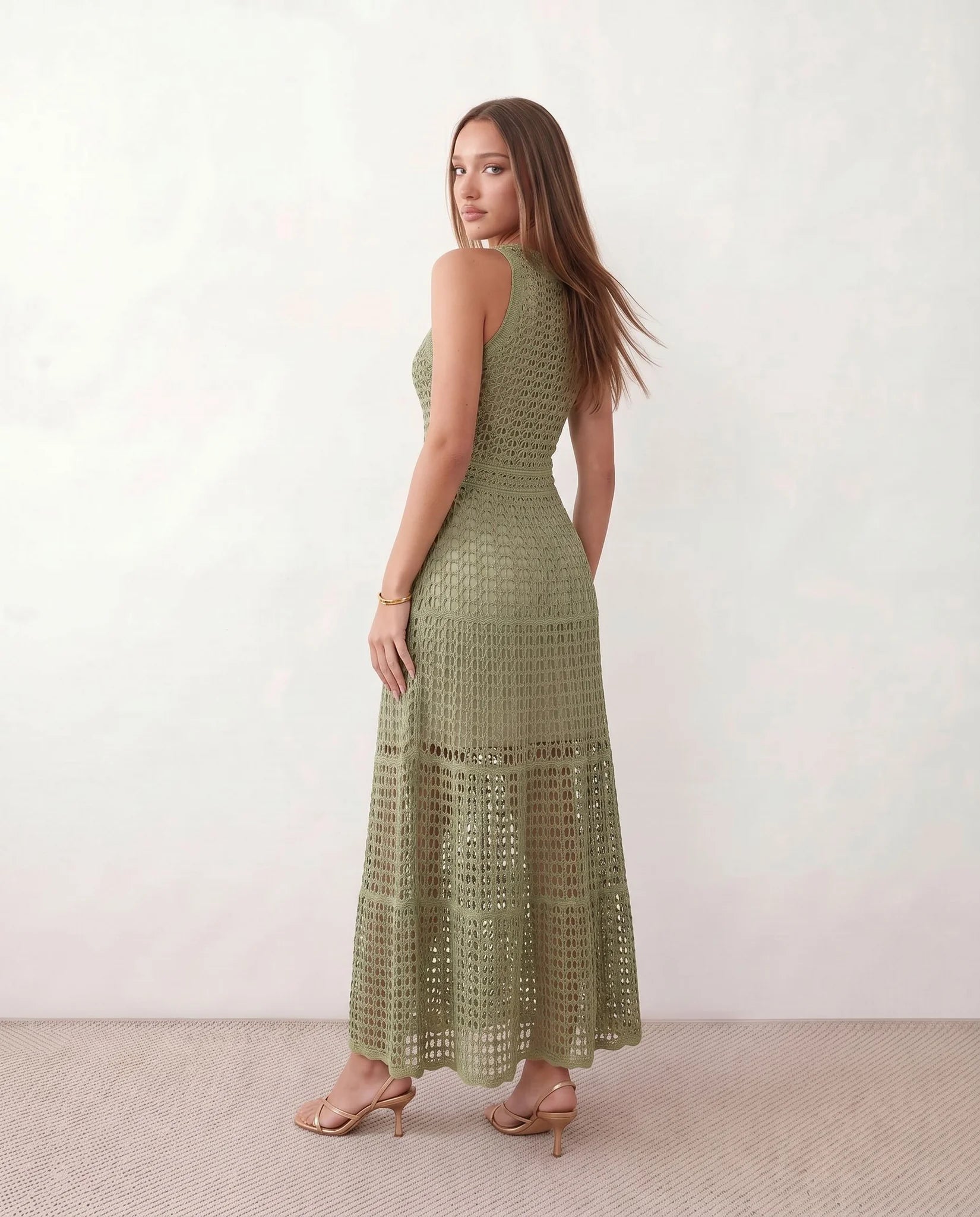 Mila Crochet A-Line Maxi Dress in Olive — back view