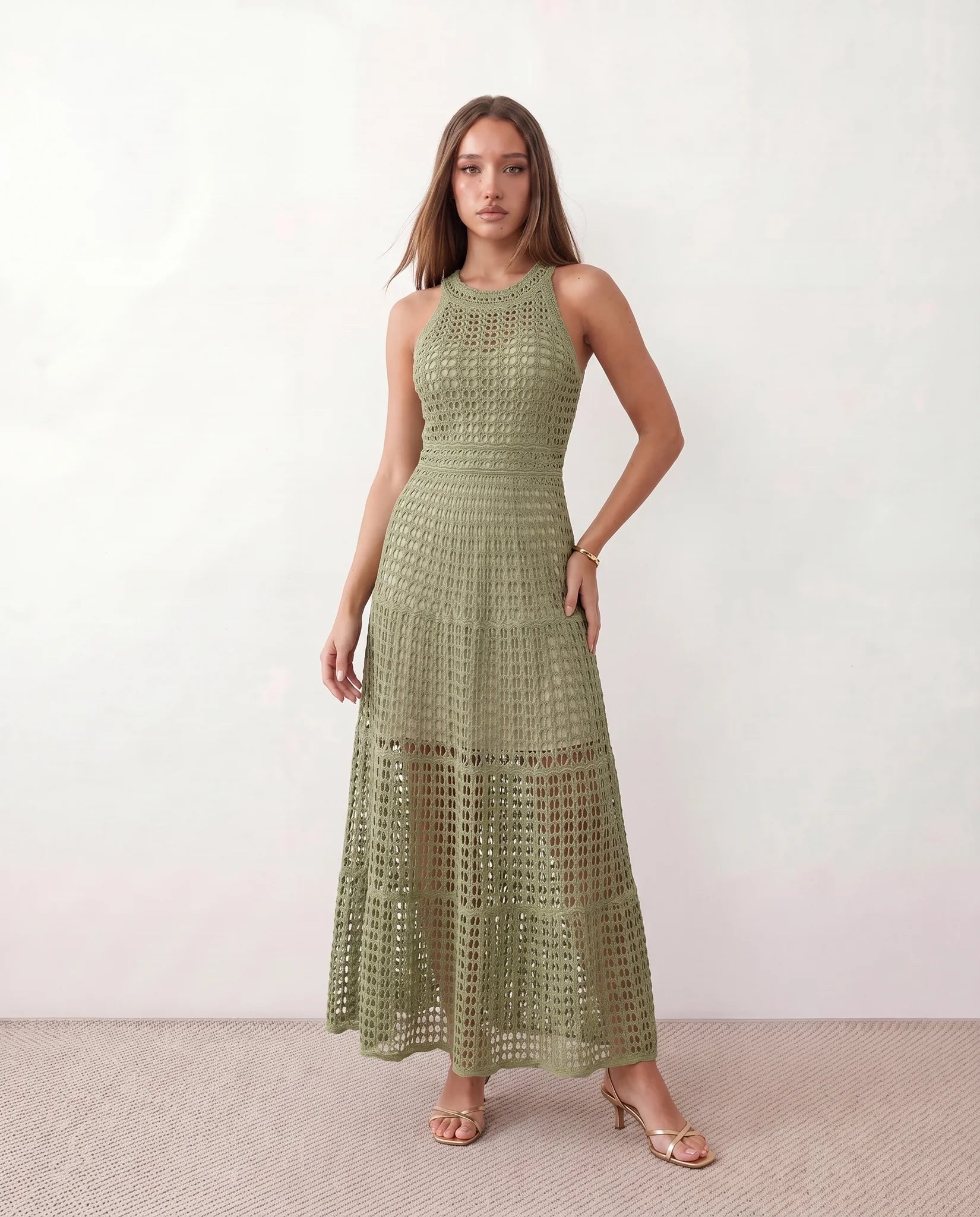 Mila Crochet A-Line Maxi Dress in Olive — front view