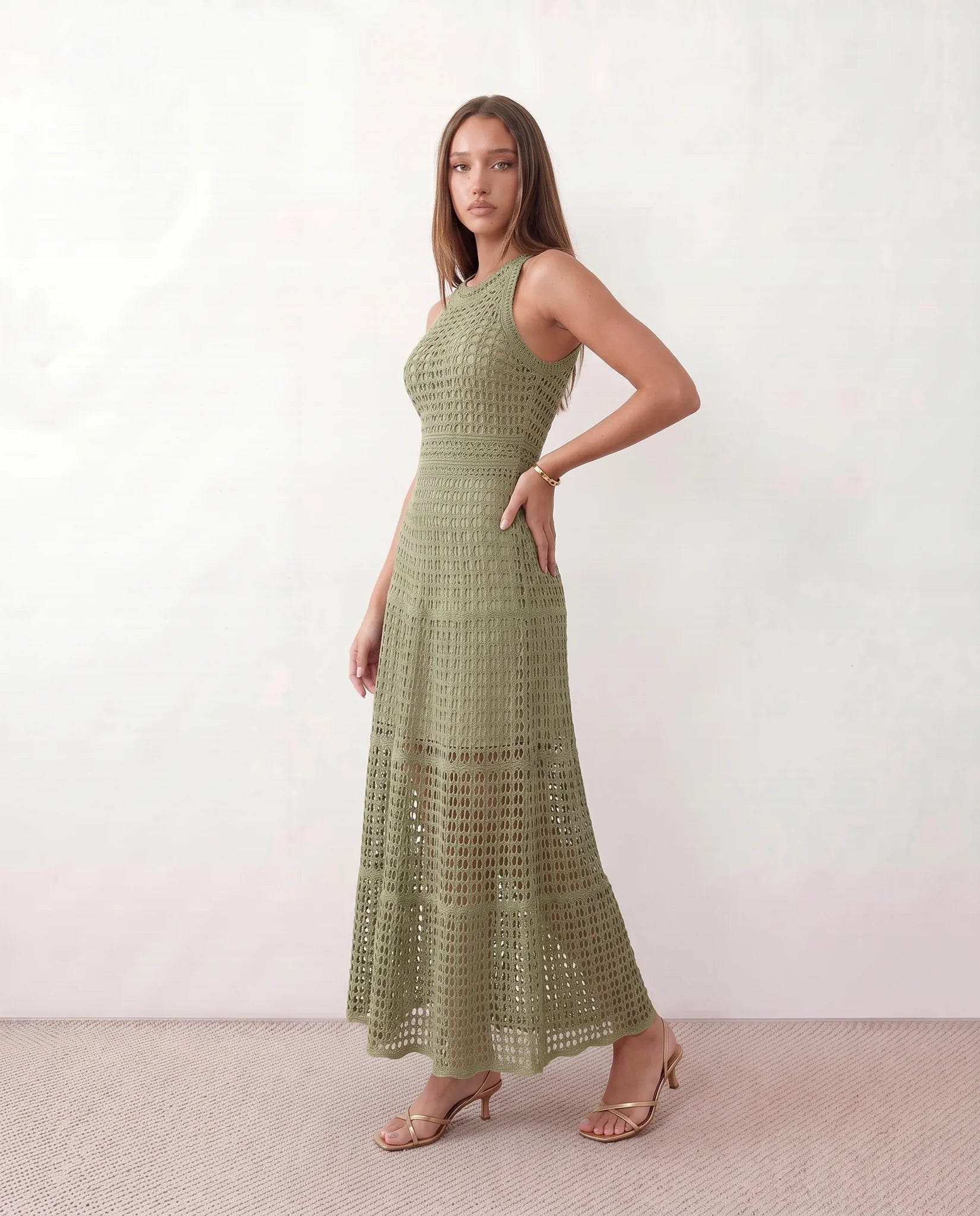 Mila Crochet A-Line Maxi Dress in Olive — side view
