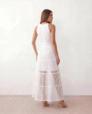 Mila Crochet A-Line Maxi Dress in White — back view