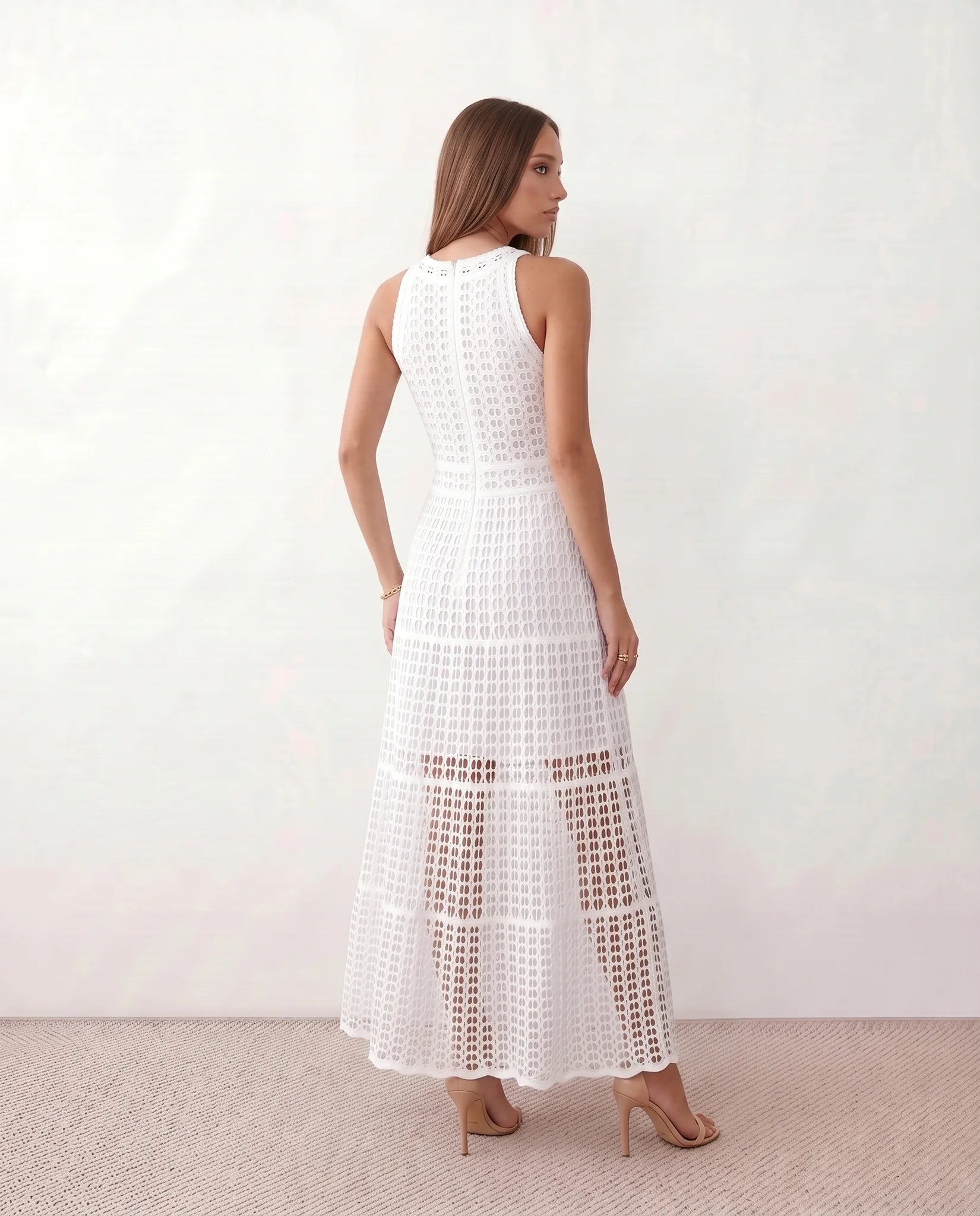 Mila Crochet A-Line Maxi Dress in White — back view
