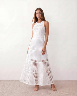 Mila Crochet A-Line Maxi Dress in White — front view
