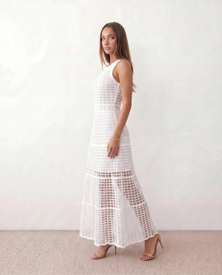 Mila Crochet A-Line Maxi Dress in White — side view