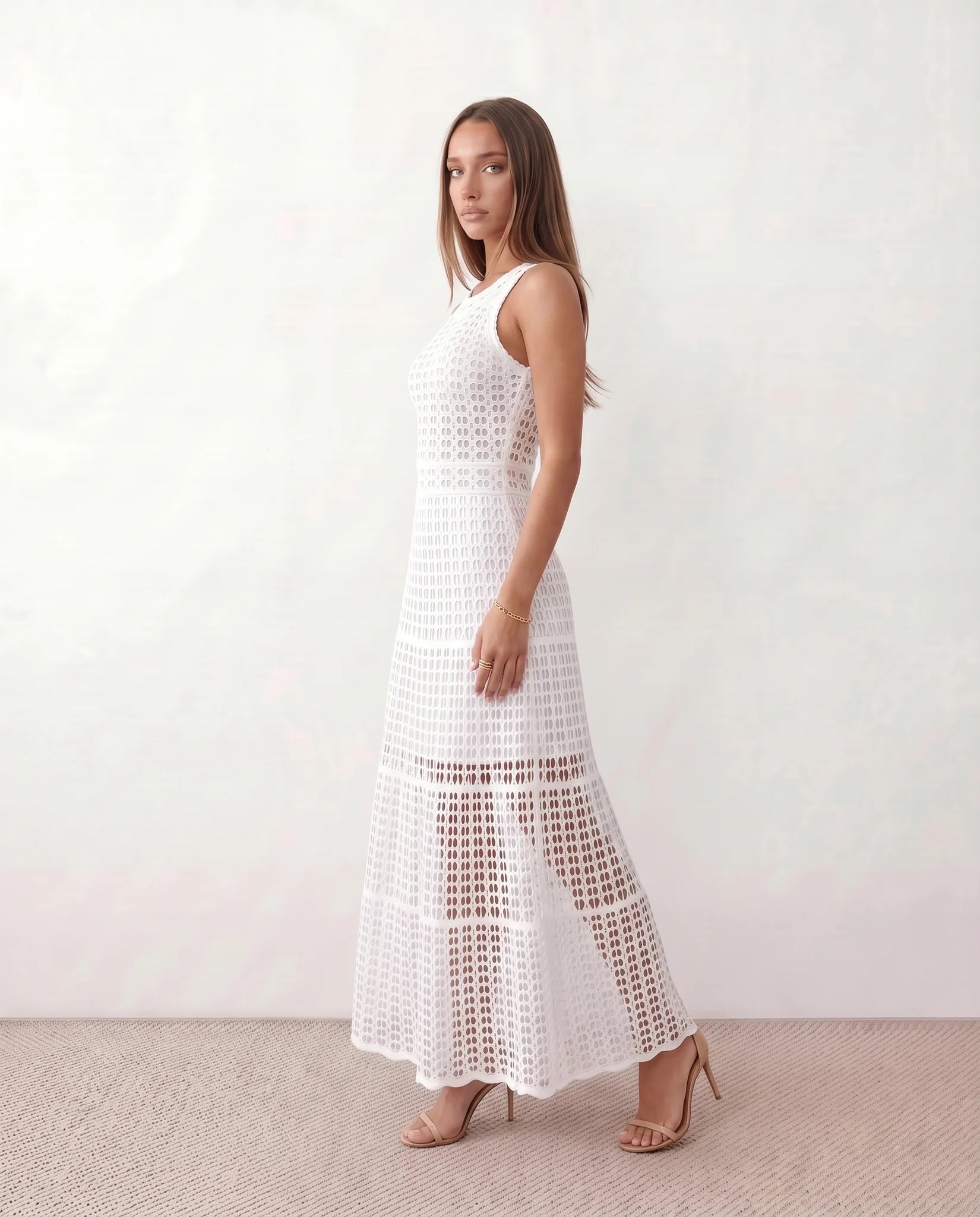 Mila Crochet A-Line Maxi Dress in White — side view