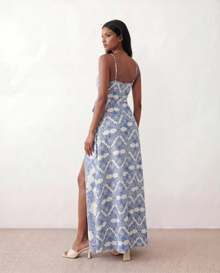 Rosalie Spaghetti Strap Front Slit Maxi Dress in Damask Blue — back view