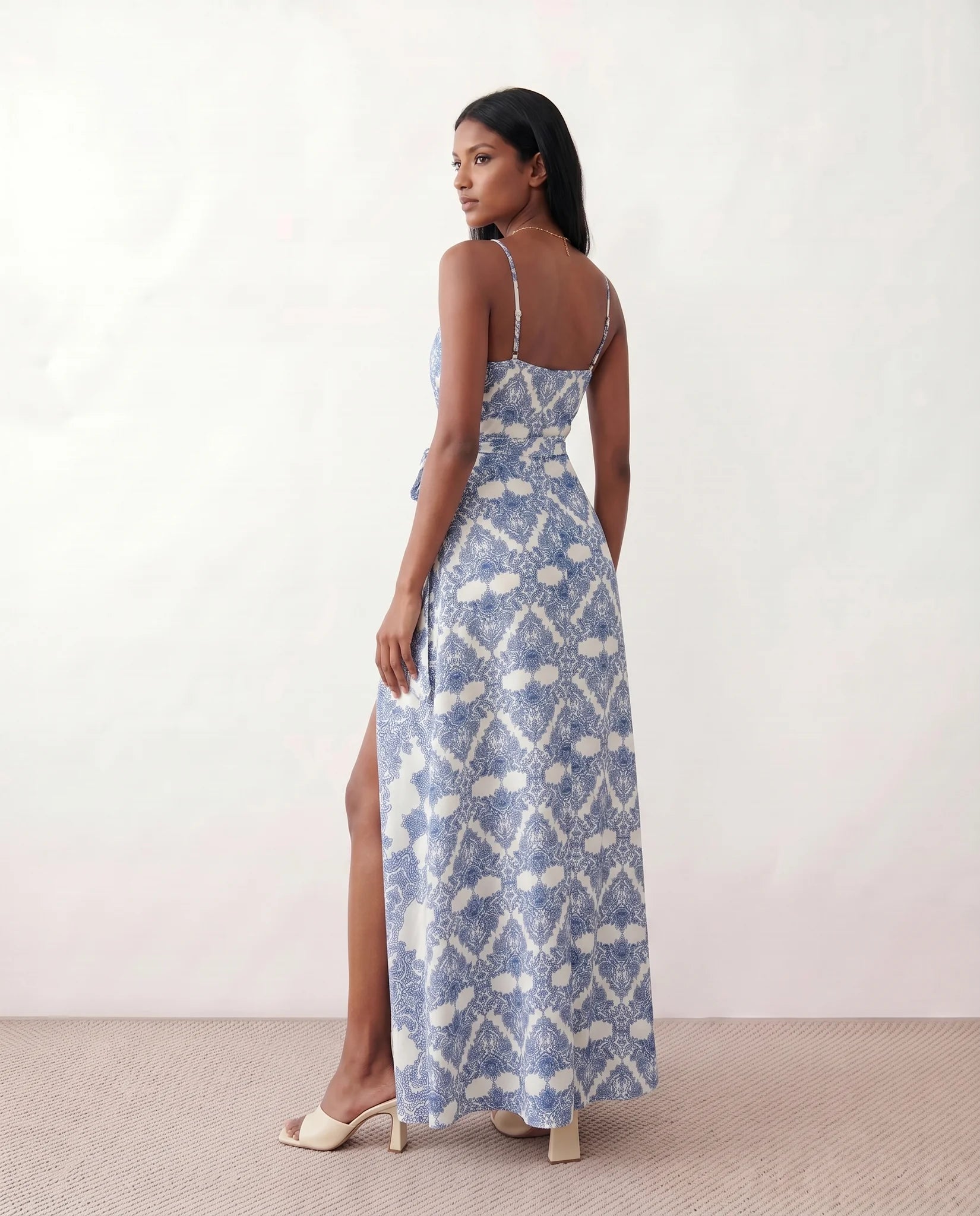 Rosalie Spaghetti Strap Front Slit Maxi Dress in Damask Blue — back view
