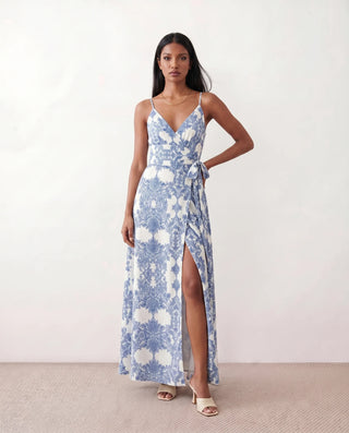Rosalie Spaghetti Strap Front Slit Maxi Dress in Damask Blue — front view