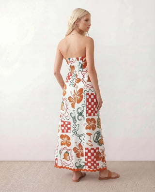 Delia Strapless Low Back Maxi Dress in Floral White — back view