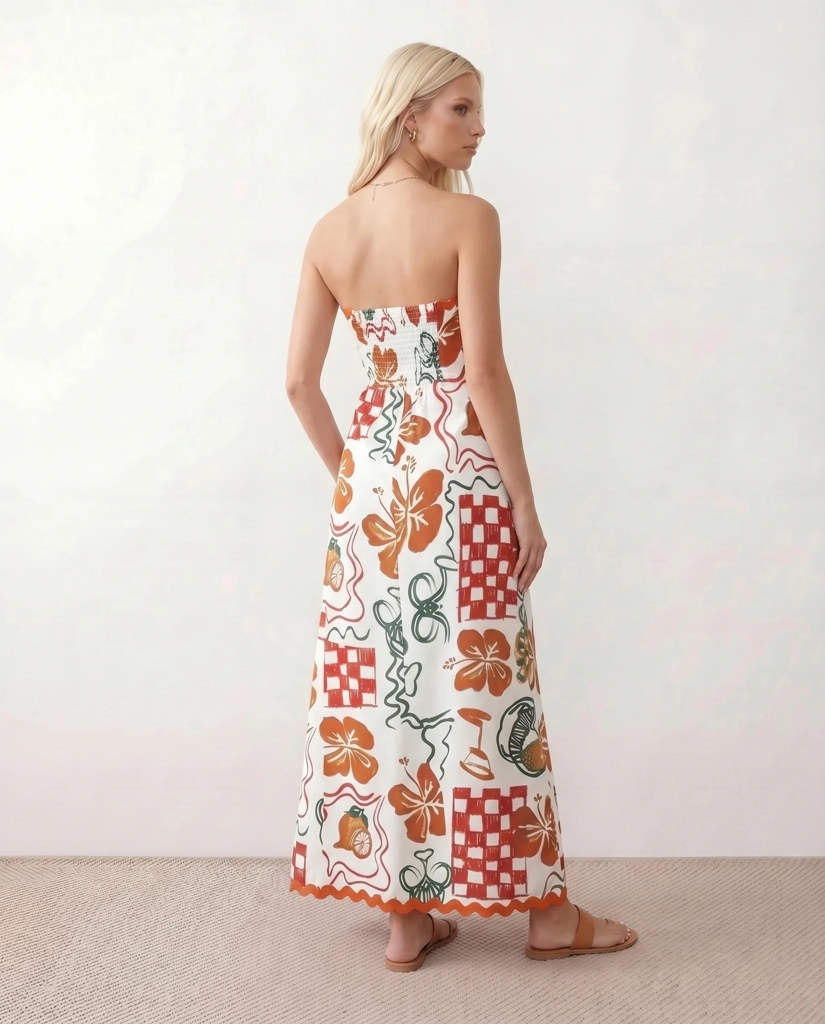 Delia Strapless Low Back Maxi Dress in Floral White — back view
