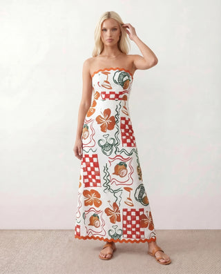 Delia Strapless Low Back Maxi Dress in Floral White — front view