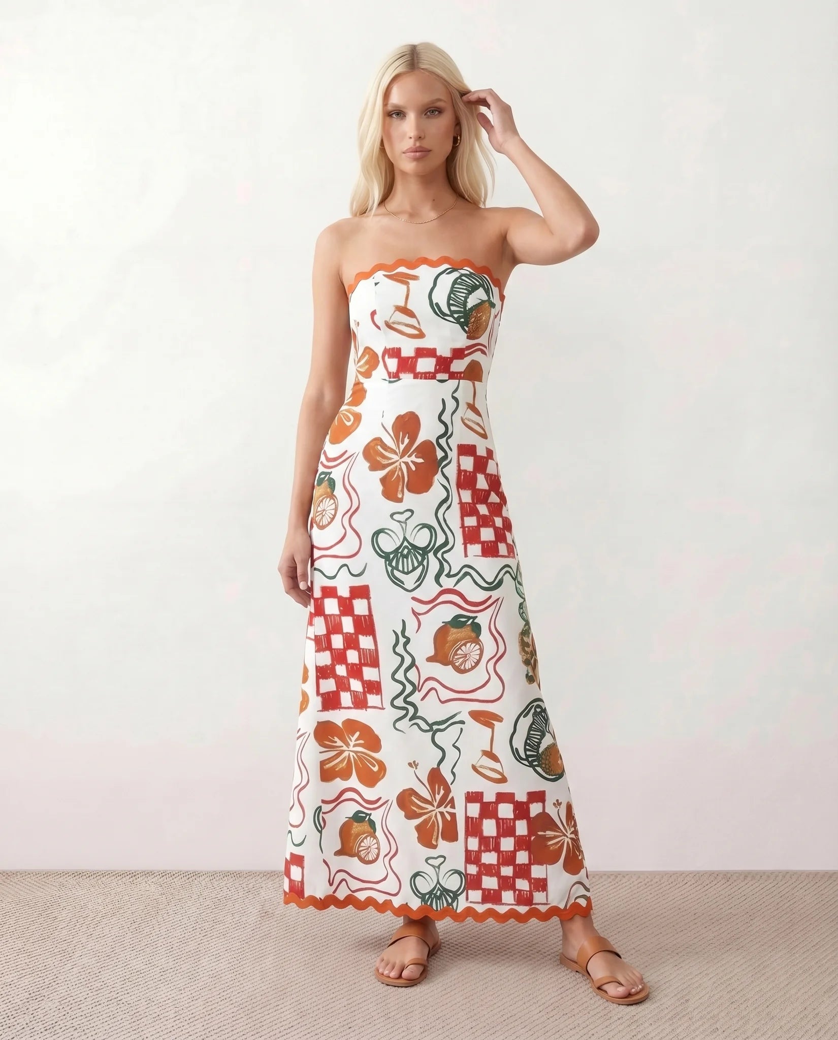 Delia Strapless Low Back Maxi Dress in Floral White — front view