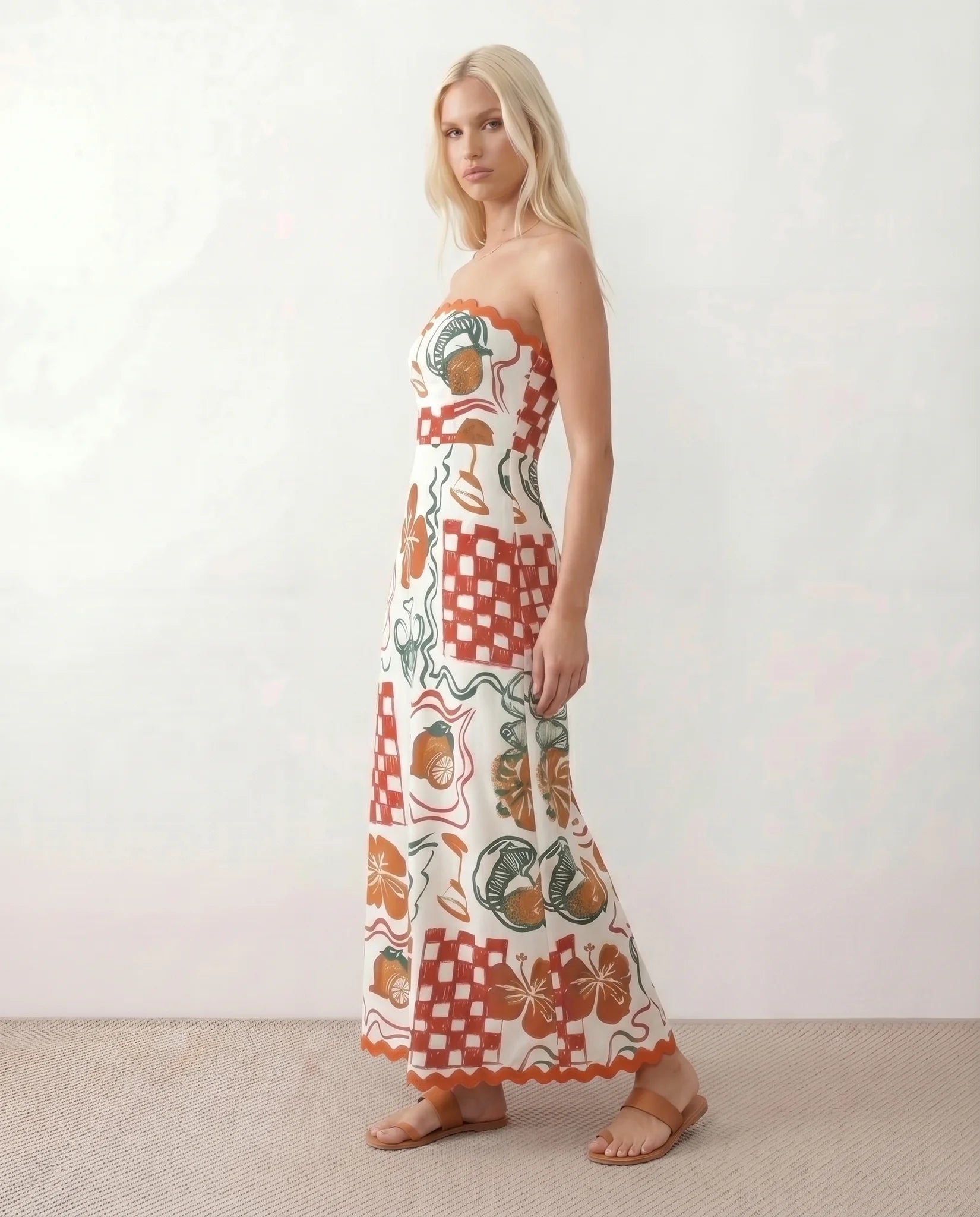 Delia Strapless Low Back Maxi Dress in Floral White — side view