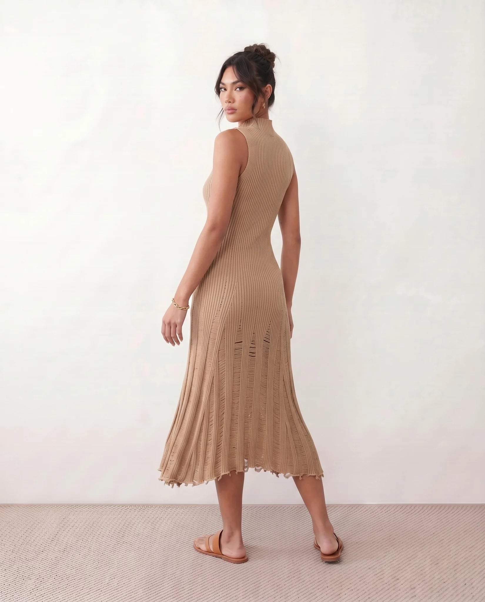 Nell Ribbed Fitted Midi Dress in Beige — back view