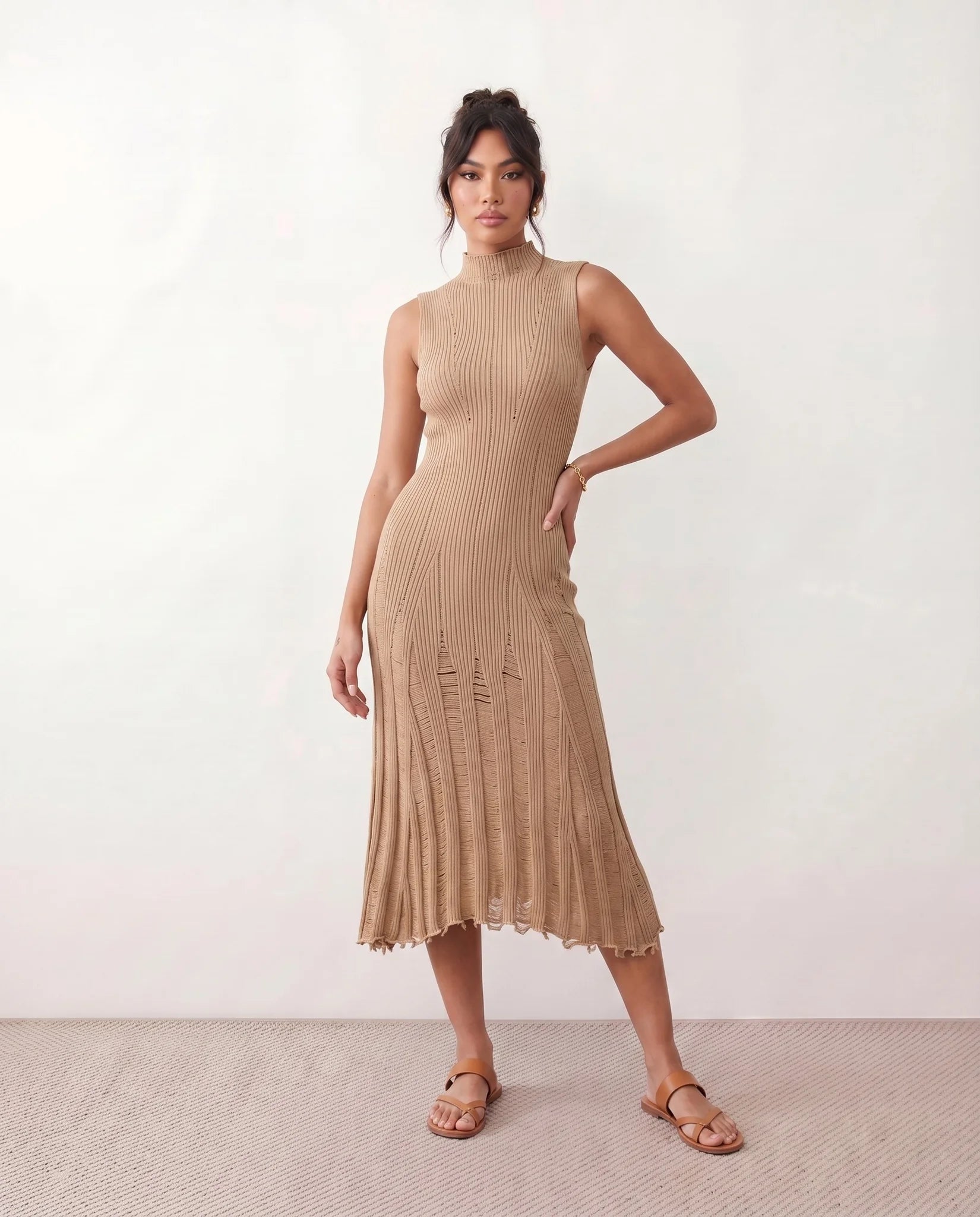 Nell Ribbed Fitted Midi Dress in Beige — front view
