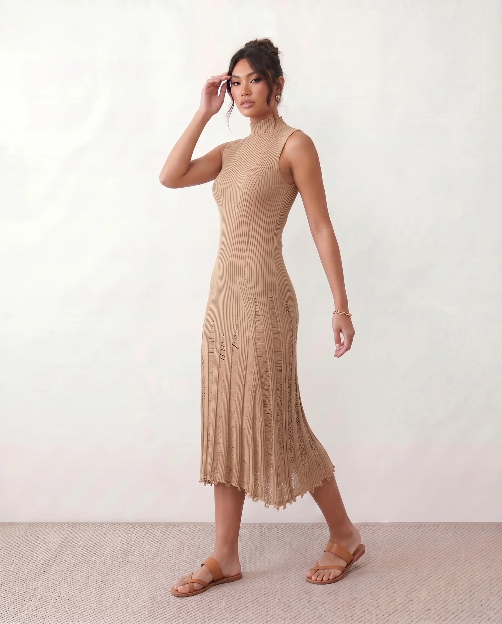 Nell Ribbed Fitted Midi Dress in Beige — side view