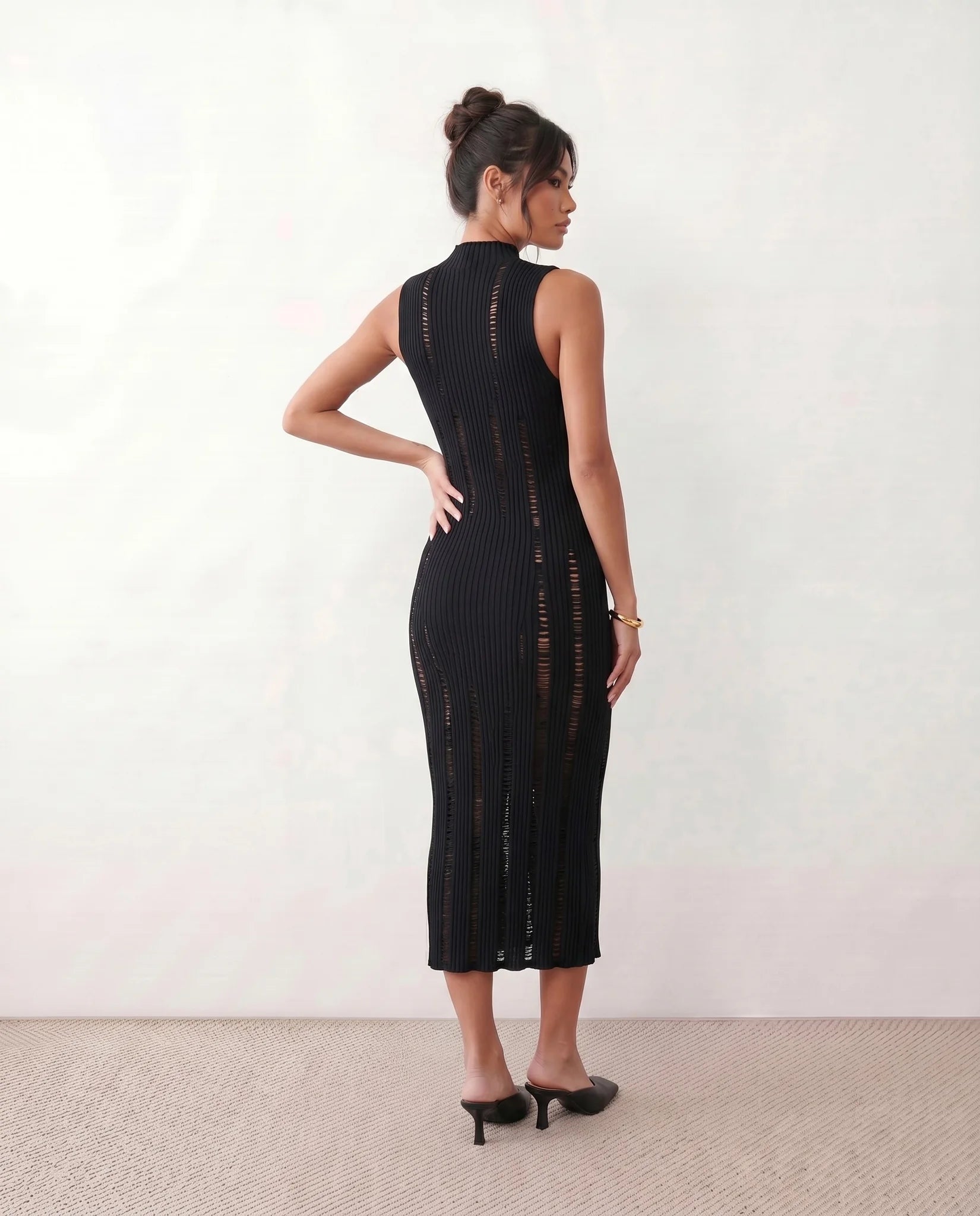 Nell Ribbed Fitted Midi Dress in Black — back view