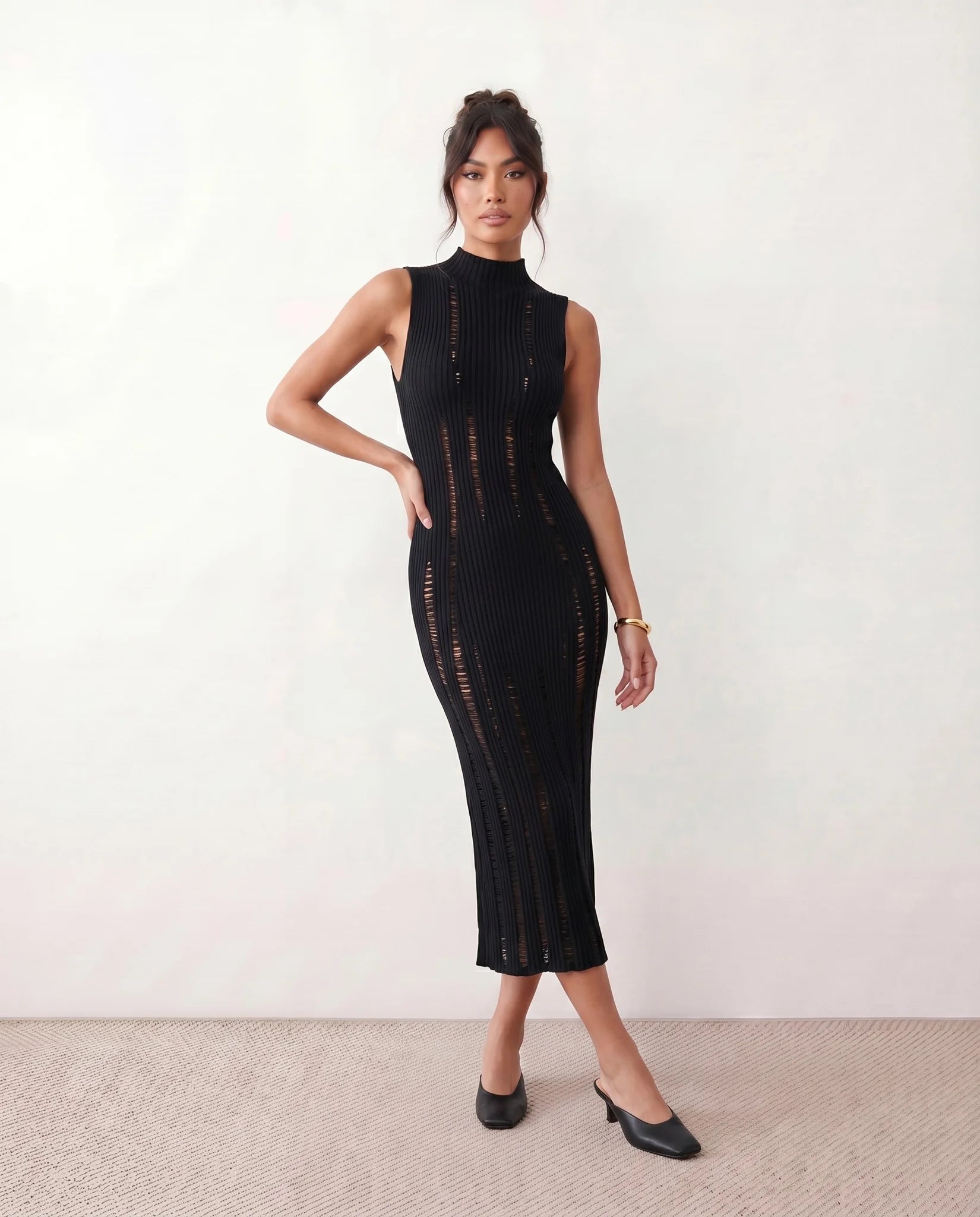 Nell Ribbed Fitted Midi Dress in Black — front view