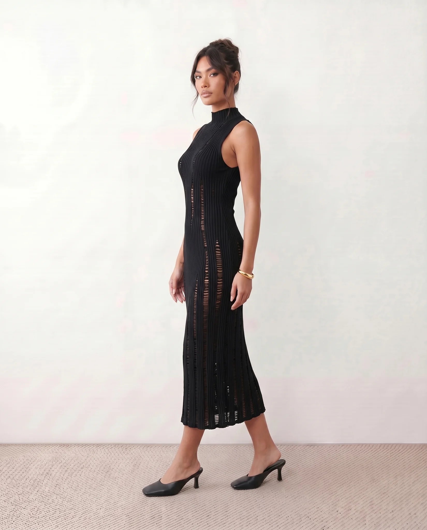 Nell Ribbed Fitted Midi Dress in Black — side view