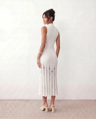 Nell Ribbed Fitted Midi Dress in White — back view