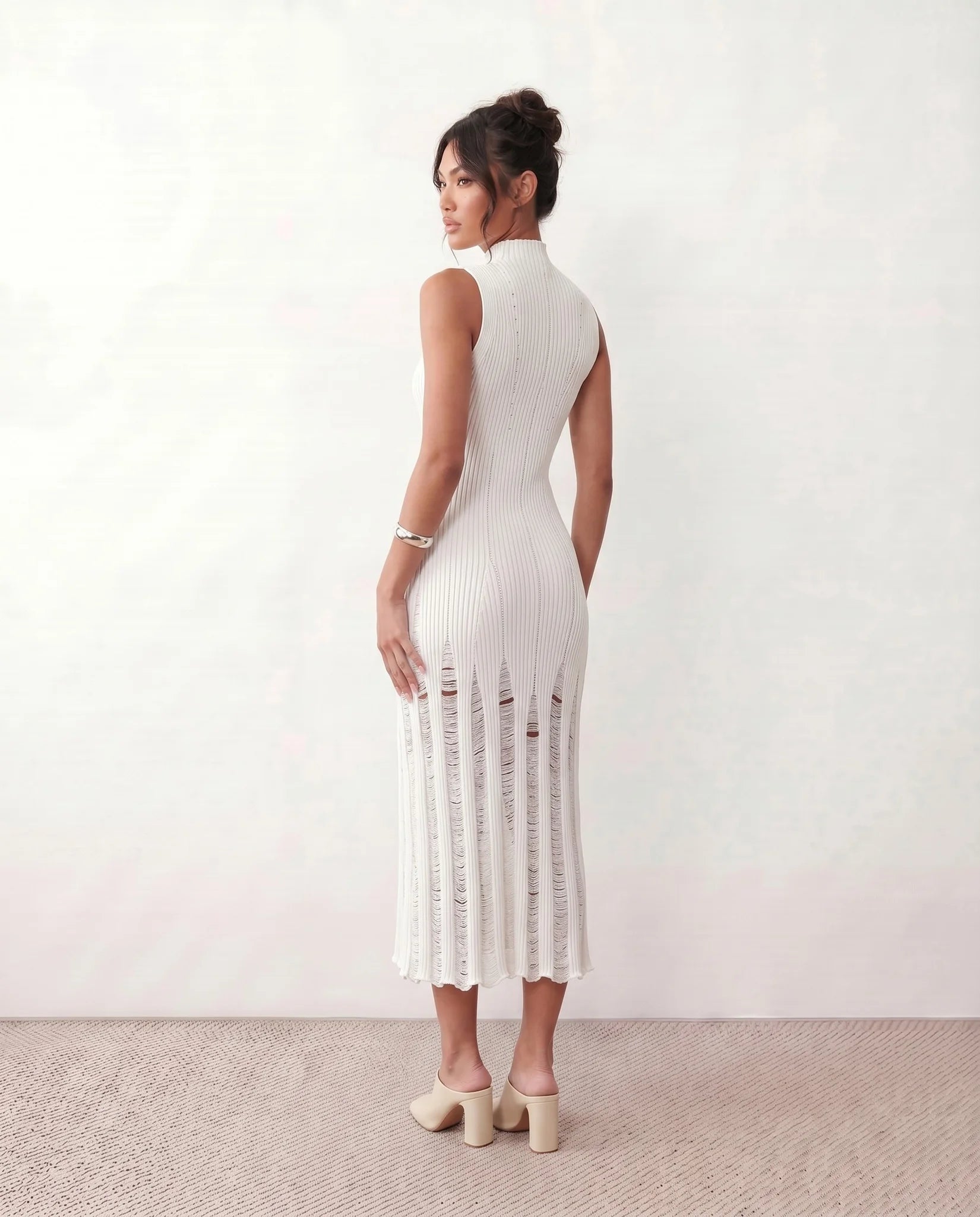 Nell Ribbed Fitted Midi Dress in White — back view