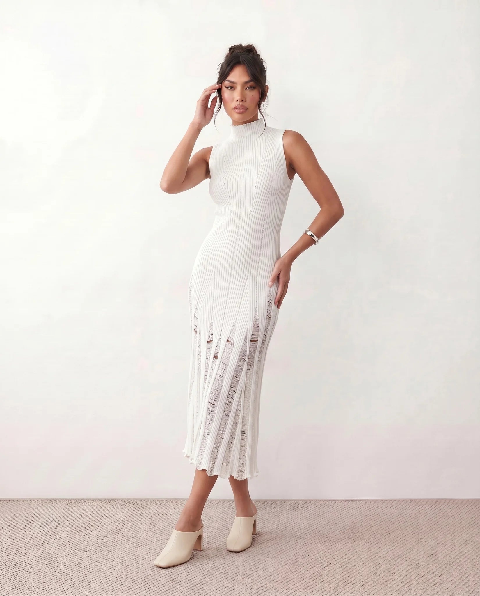 Nell Ribbed Fitted Midi Dress in White — front view