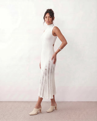 Nell Ribbed Fitted Midi Dress in White — side view