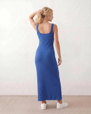 Kaia Ribbed Round Neck Maxi Dress in Blue — back view