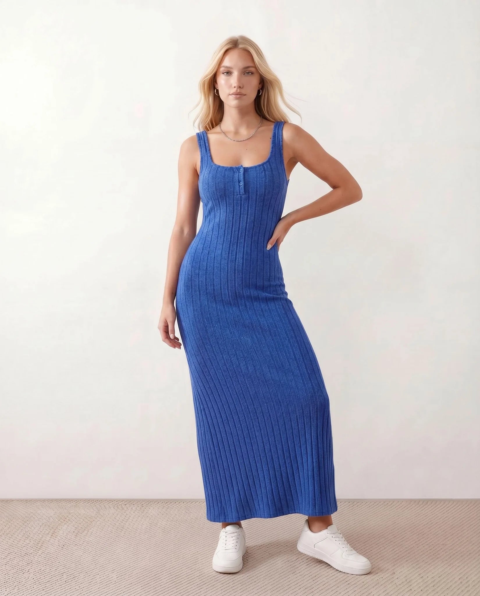 Kaia Ribbed Round Neck Maxi Dress in Blue — front view