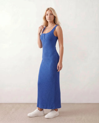 Kaia Ribbed Round Neck Maxi Dress in Blue — side view