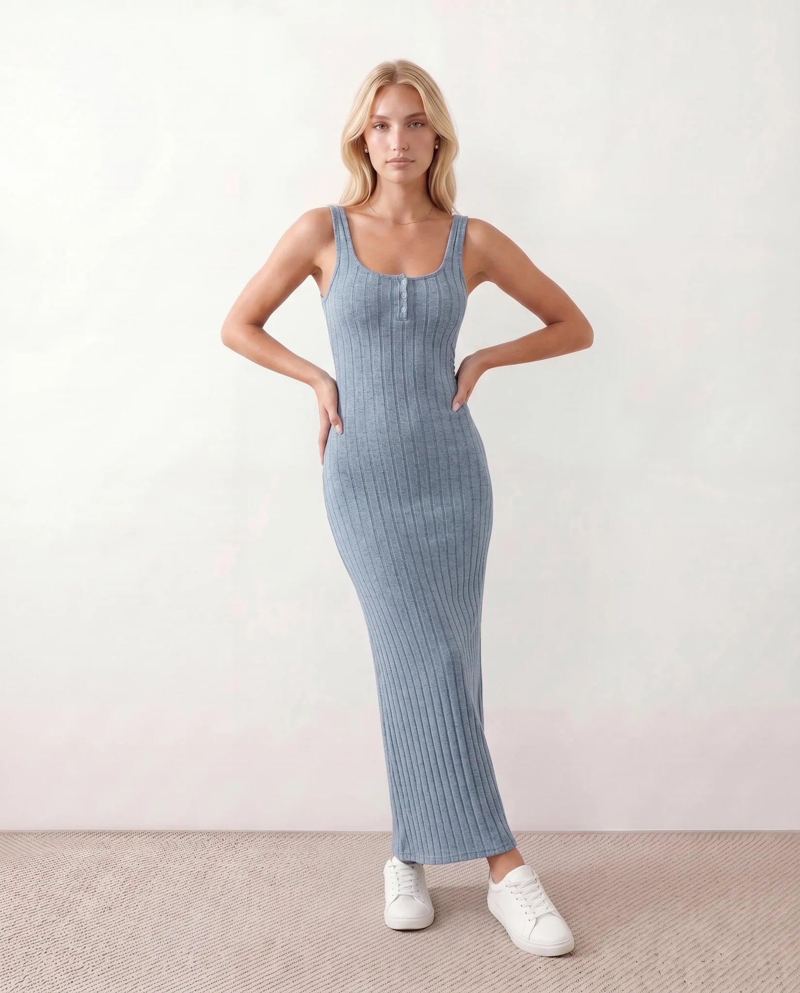 Kaia Ribbed Round Neck Maxi Dress in Light Blue — front view