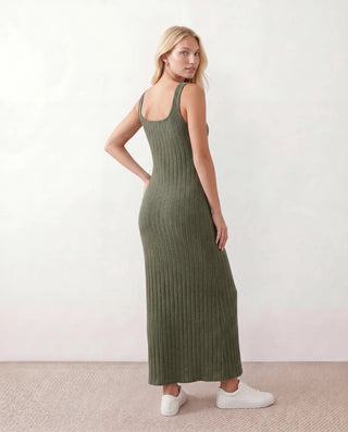 Kaia Ribbed Round Neck Maxi Dress in Olive — back view