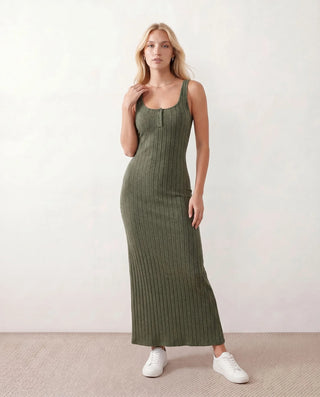 Kaia Ribbed Round Neck Maxi Dress in Olive — front view