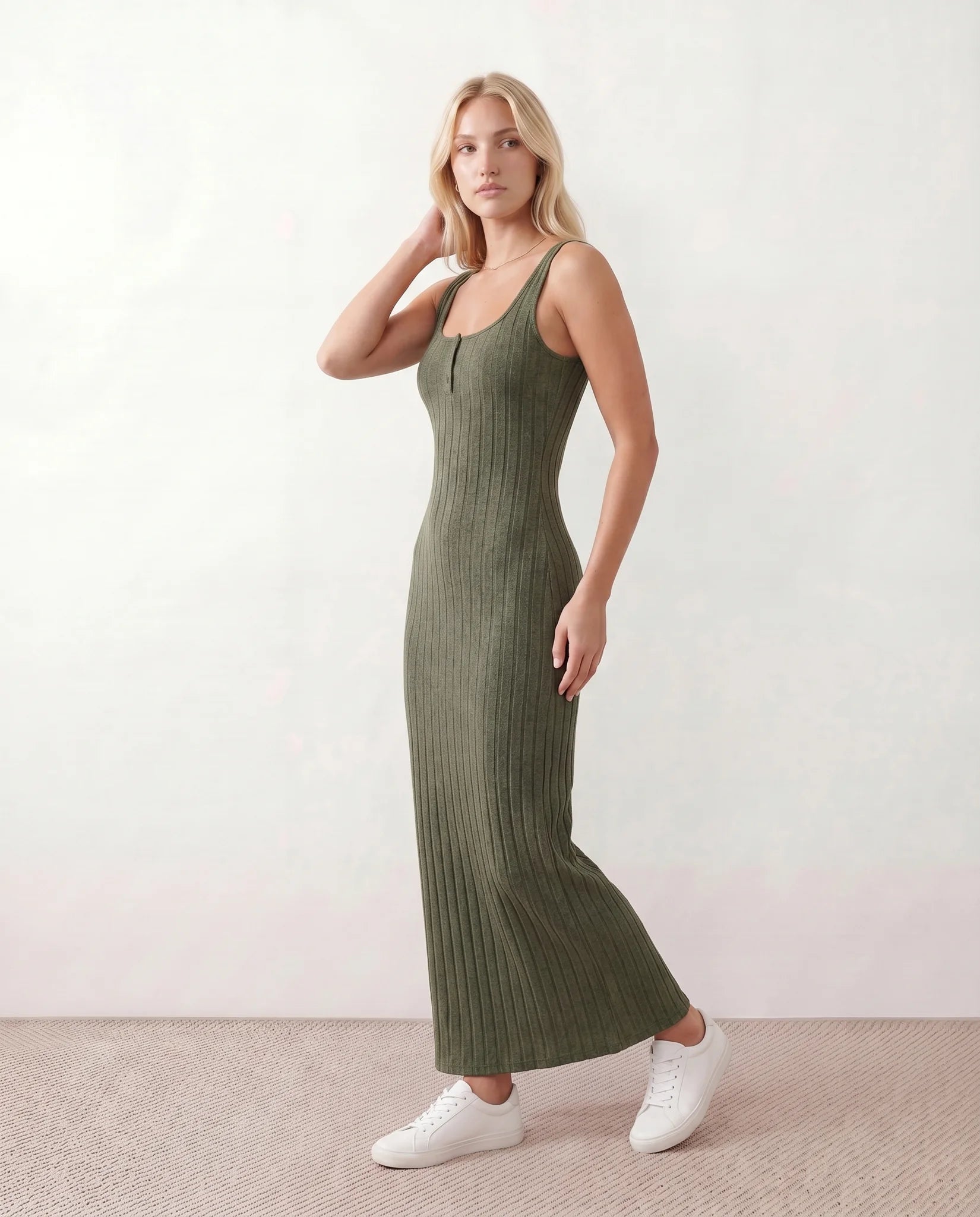 Kaia Ribbed Round Neck Maxi Dress in Olive — side view