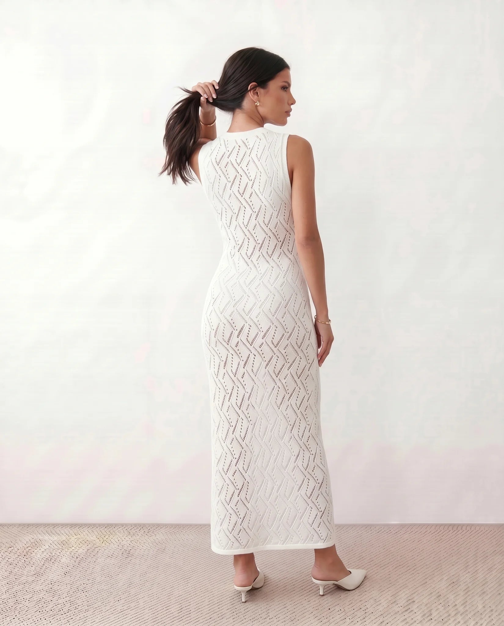 Delilah Wedding Guest Openwork Maxi Dress in White — back view