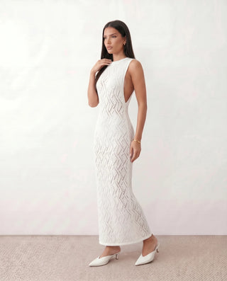 Delilah Wedding Guest Openwork Maxi Dress in White — side view