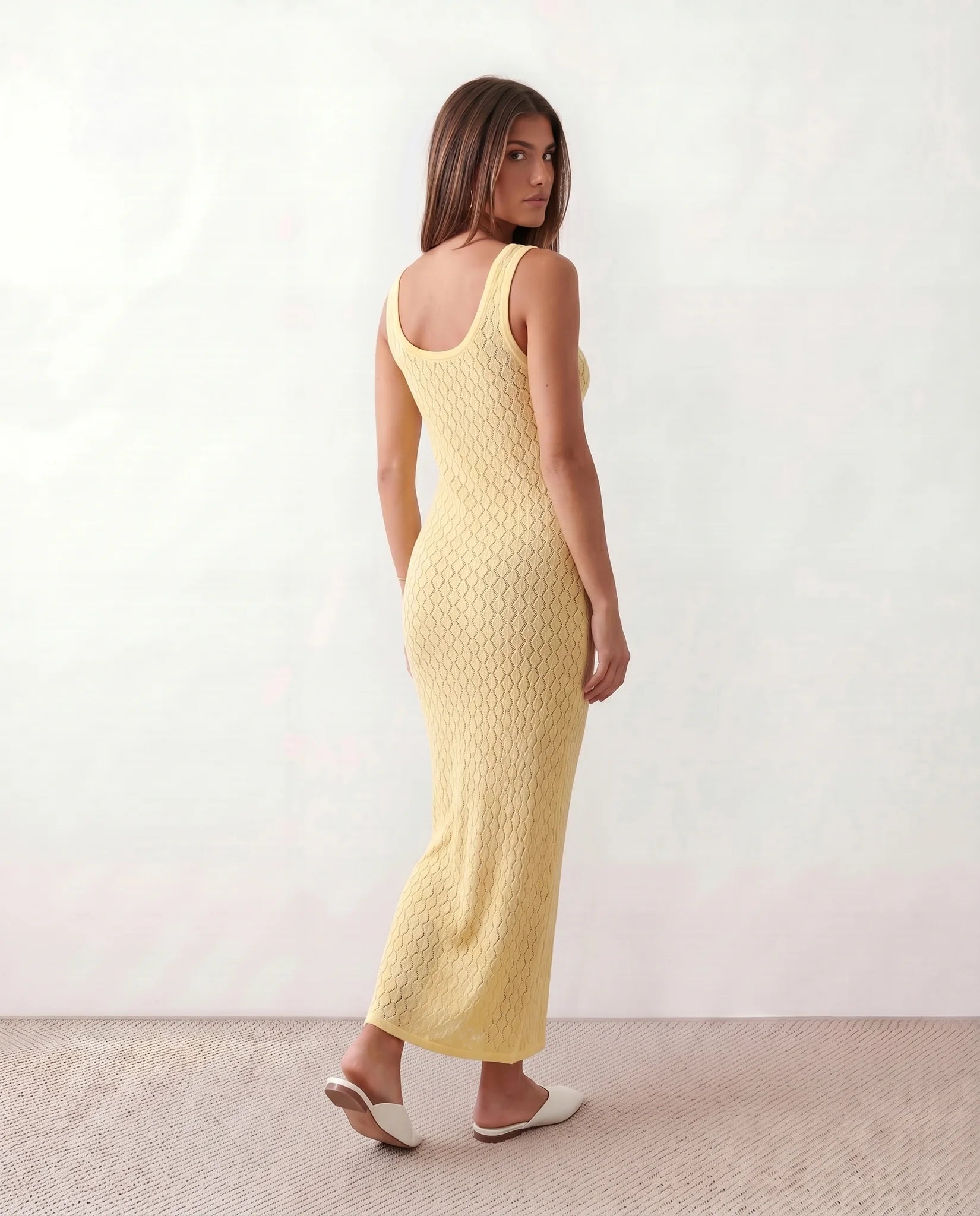 Clio Openwork Round Neck Maxi Dress in Yellow — back view