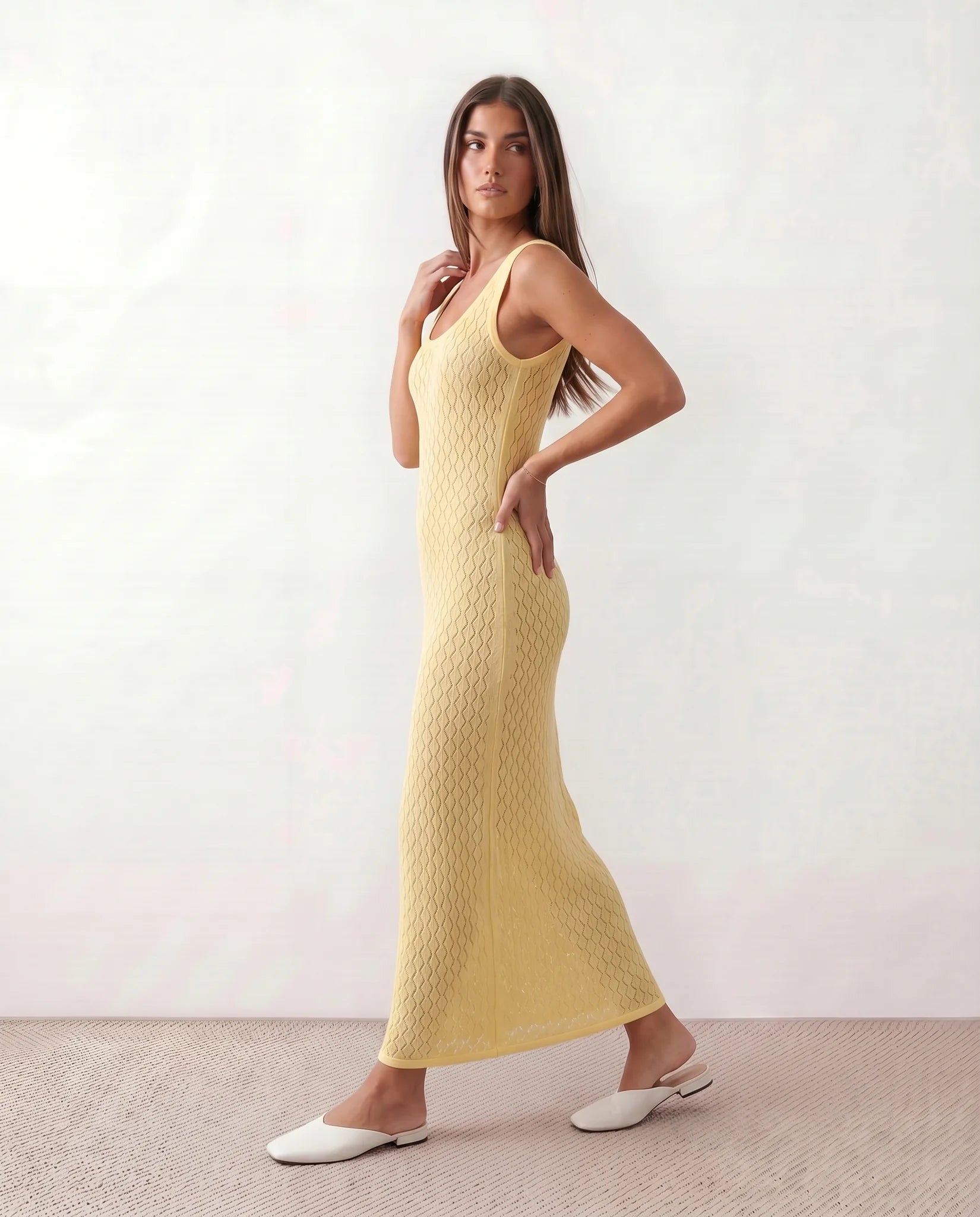 Clio Openwork Round Neck Maxi Dress in Yellow — side view