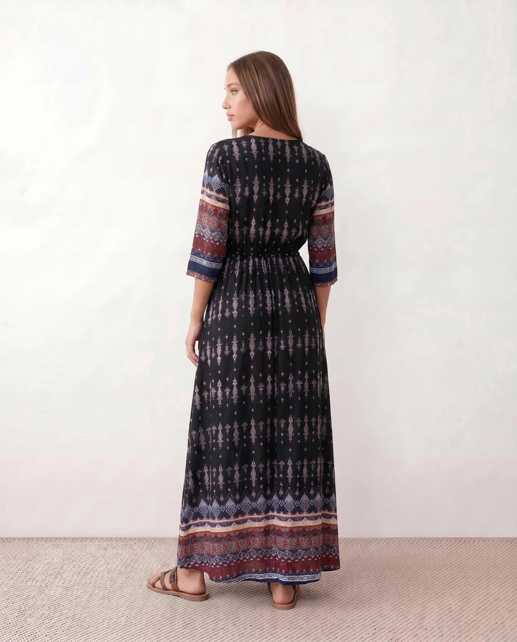 Lana Side Slit Maxi Dress in Paisley Black — back view