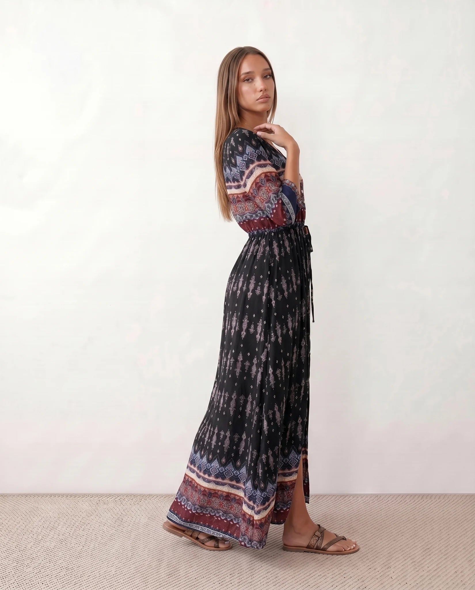 Lana Side Slit Maxi Dress in Paisley Black — side view