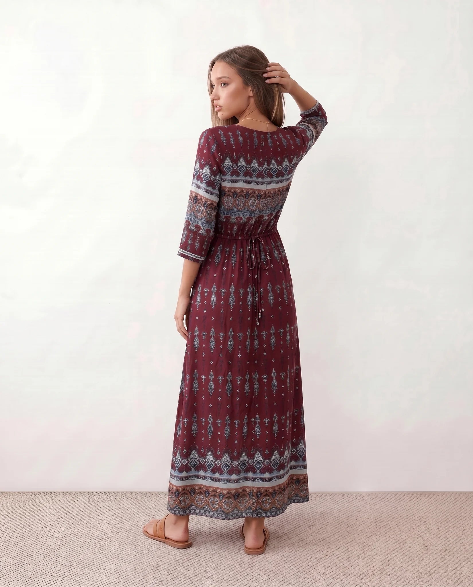 Lana Side Slit Maxi Dress in Paisley Burgundy — back view