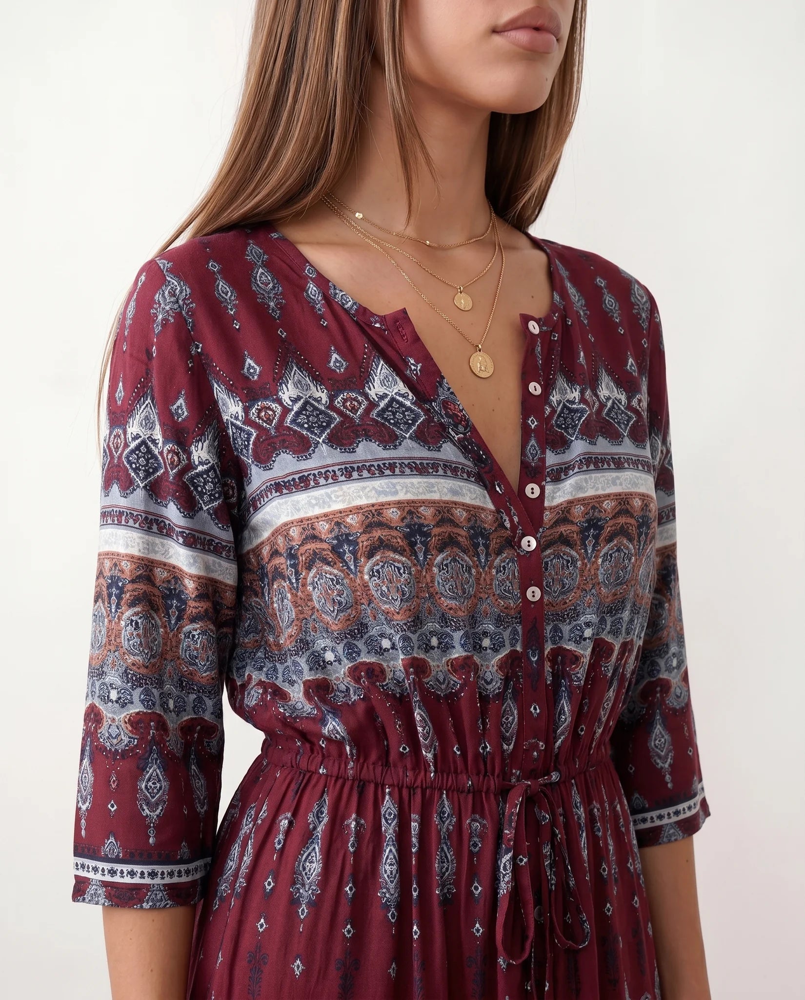 Lana Side Slit Maxi Dress in Paisley Burgundy — detail close-up