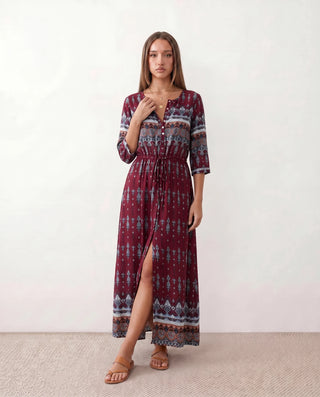 Lana Side Slit Maxi Dress in Paisley Burgundy — front view