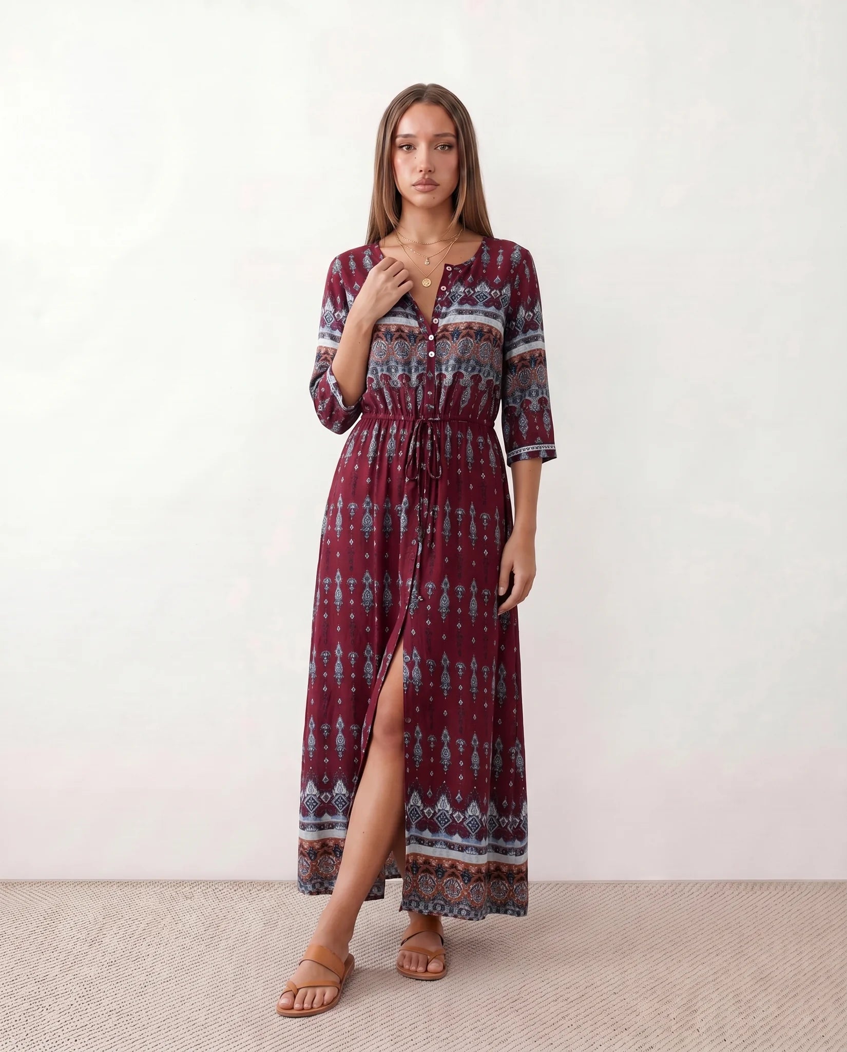 Lana Side Slit Maxi Dress in Paisley Burgundy — front view