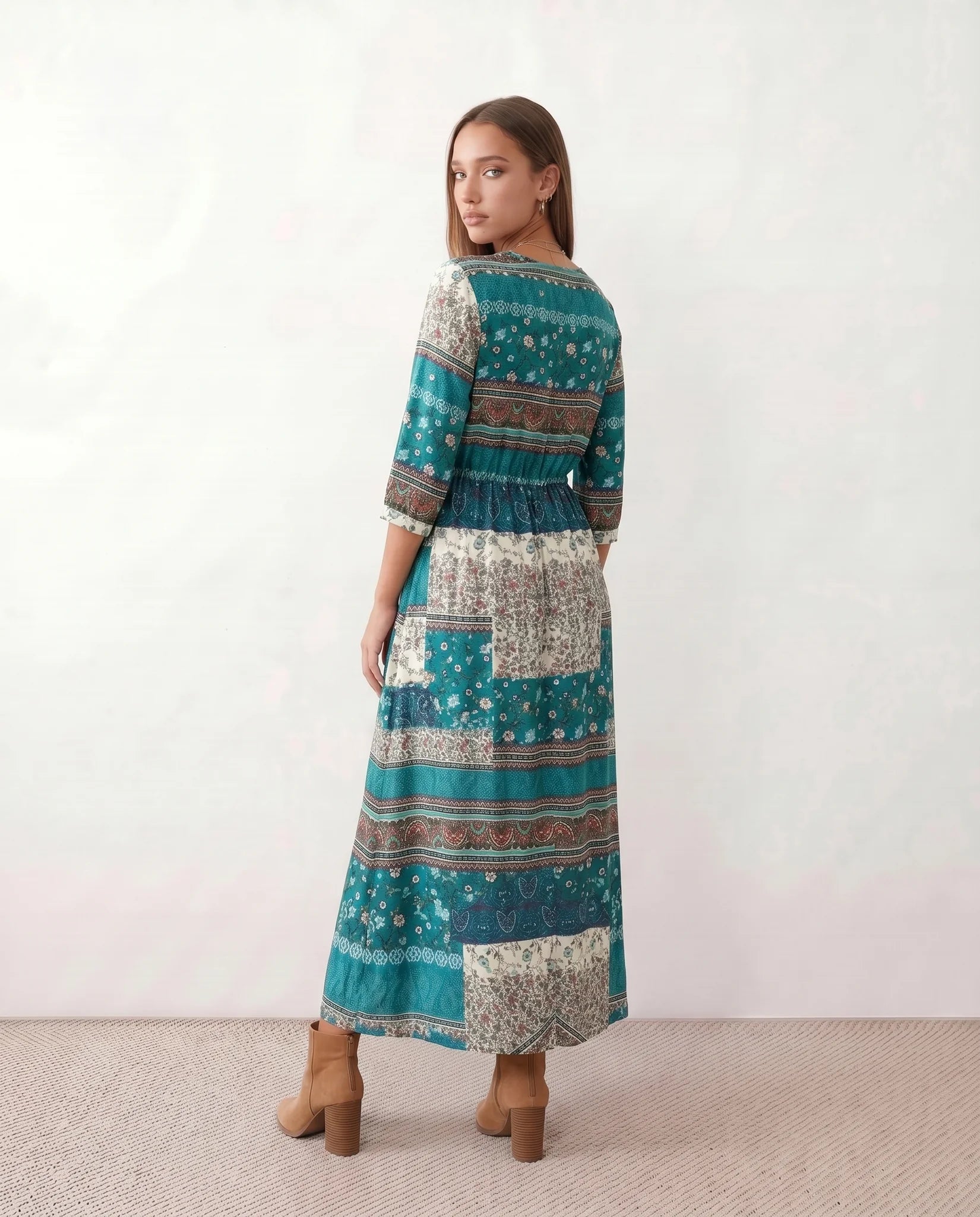 Lana Side Slit Maxi Dress in Paisley Green — back view