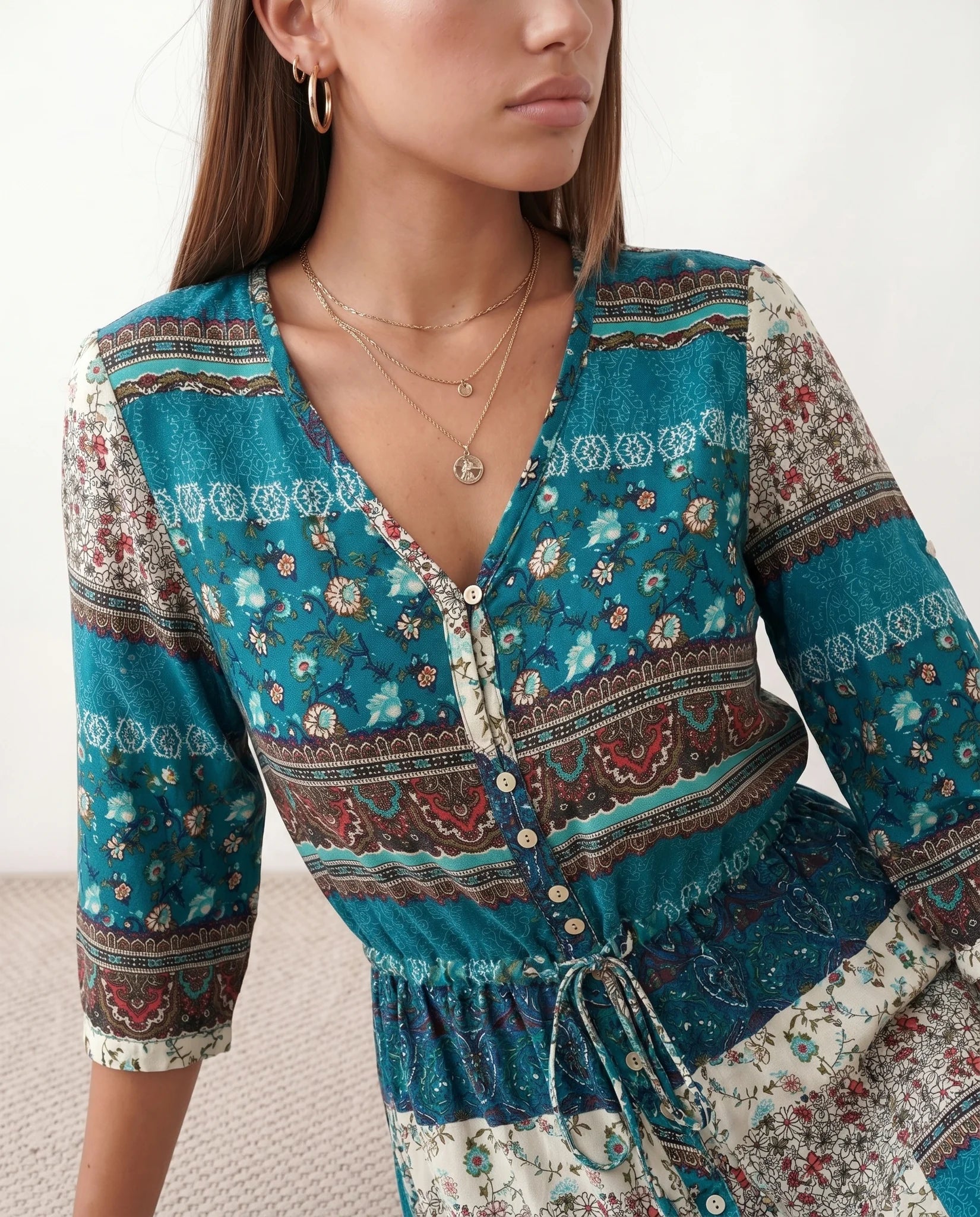 Lana Side Slit Maxi Dress in Paisley Green — detail close-up