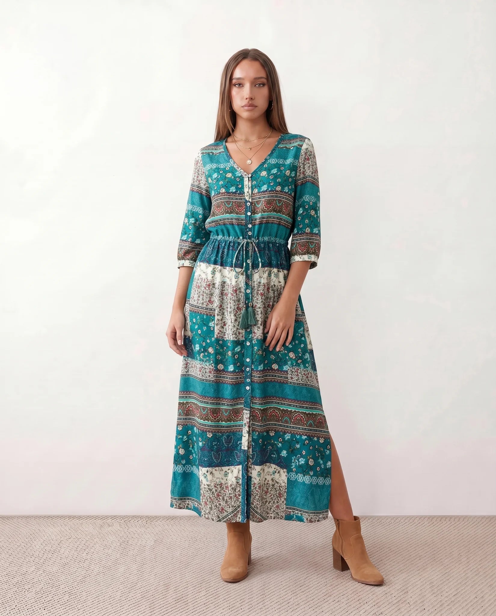 Lana Side Slit Maxi Dress in Paisley Green — front view