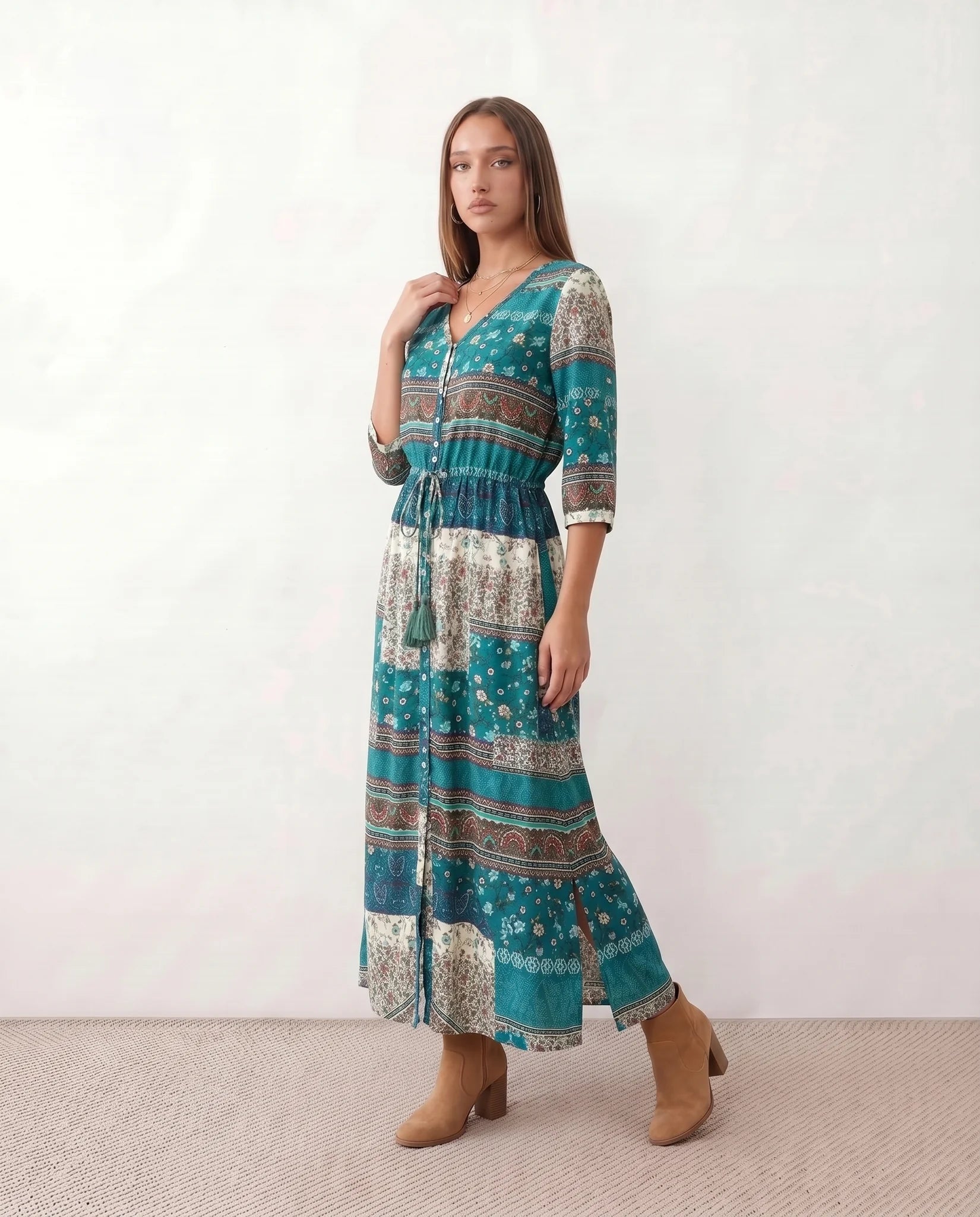 Lana Side Slit Maxi Dress in Paisley Green — side view